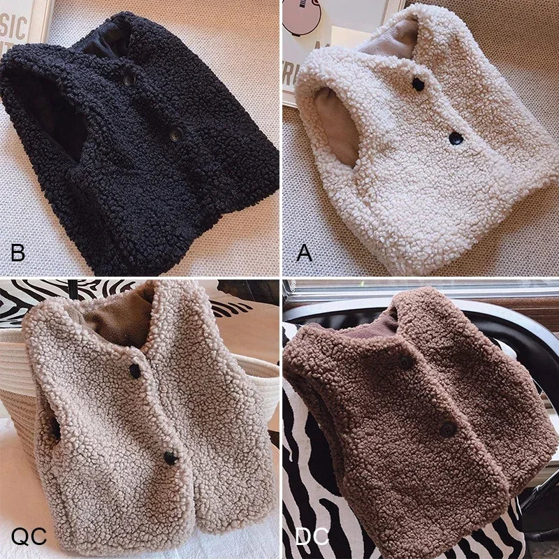 Toddler Faux Fur Vest with V-Neck and Button Front, Plush Sleeveless Waistcoat for Boys and Girls Ages 1-6, Fall and Winter Layering