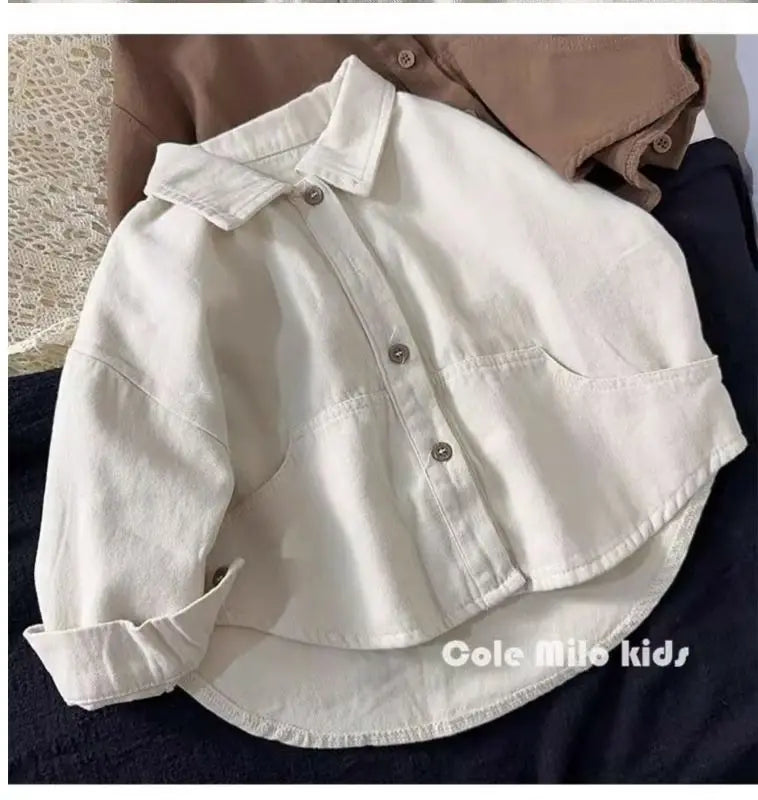 Baby and Toddler Collared Button-Up Shirt with Long Sleeves and Chest Pocket, Beige or Brown Unisex Casual Top for Spring and Fall Family Outfits