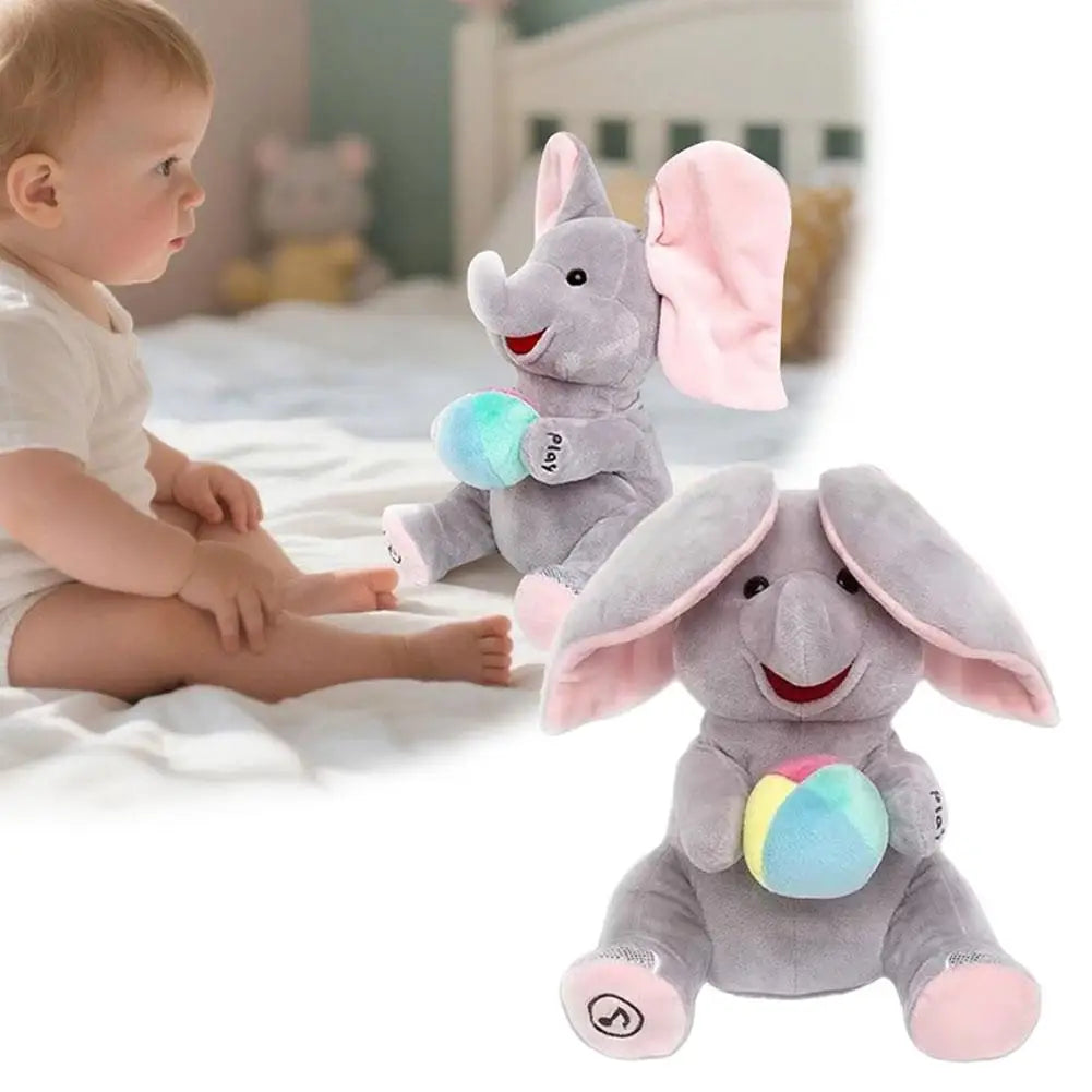 Peekaboo Singing Elephant Plush Toy, 25 cm Gray Interactive Musical Stuffed Animal with Moving Ears for Supervised Toddler Play Over 12 Months