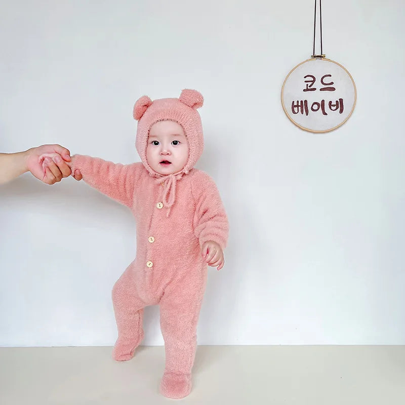 Plush Baby Footed Jumpsuit with Button Front, Bear-Inspired Autumn Winter One-Piece Outfit for Boys and Girls in Four Colors