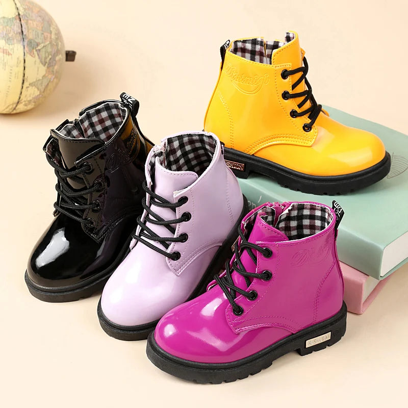 Lace-Up Kids Ankle Boots in PU Leather, Side-Zip Casual Shoes for Boys and Girls with Plush-Lined Options, Five Colors and Sizes 21-36