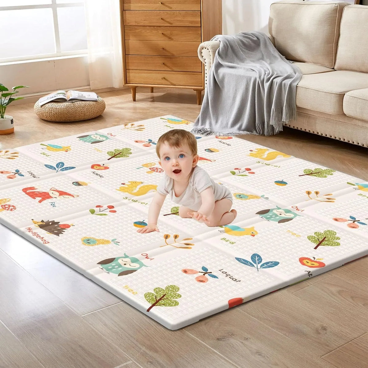Fold-and-Carry Baby Play Mat with Double-Sided Illustrated Prints, Wipe-Clean Foam Floor Rug and Storage Bag for Supervised Tummy Time and Crawling