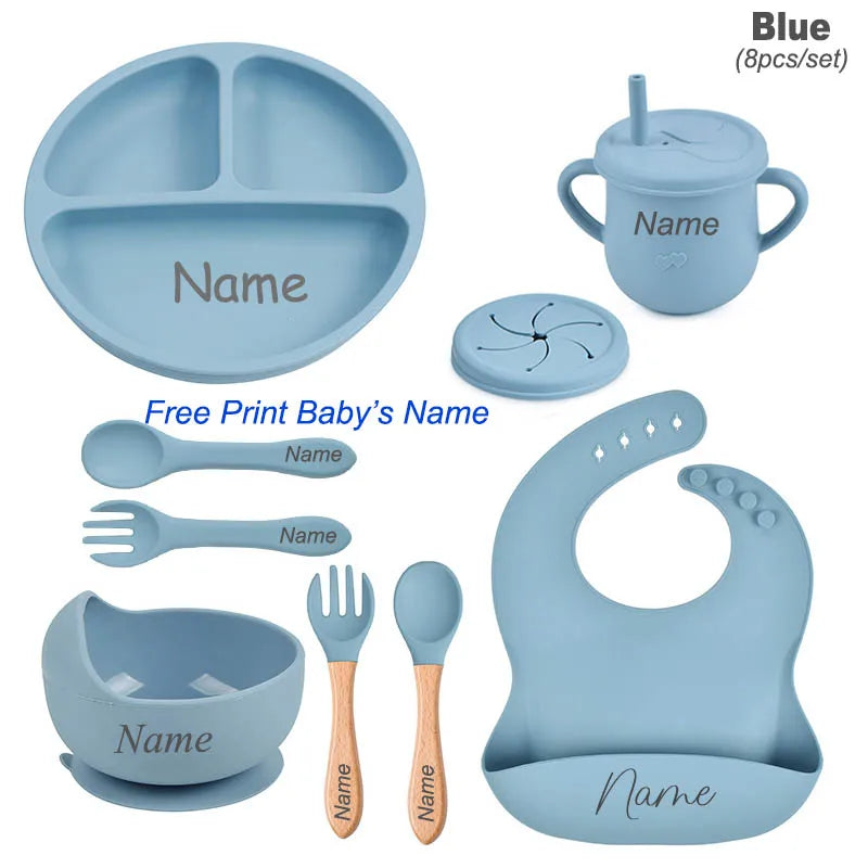 Personalized Silicone Baby Tableware Set, 8-Piece Collection with Divided Plate, Suction Bowl, Pocket Bib, Straw Cup and Two Utensil Pairs