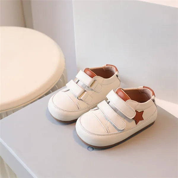 Toddler Star Sneakers with Double Hook-and-Loop Straps, Microfiber Leather Baby Boys and Girls Casual Shoes in Red Silver or Dark Blue, Sizes 15-27