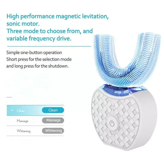 Silicone Mouthpiece Electric Toothbrush for Adults with U-Shaped Head, Three Modes, Rechargeable Handle and Charger for Everyday Oral Care