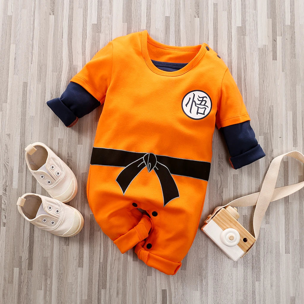 Orange Baby Romper with Training-Outfit Print, Contrast Long Sleeves and Snap Closures, Cotton One-Piece for Boys and Girls, Sizes 0-18M