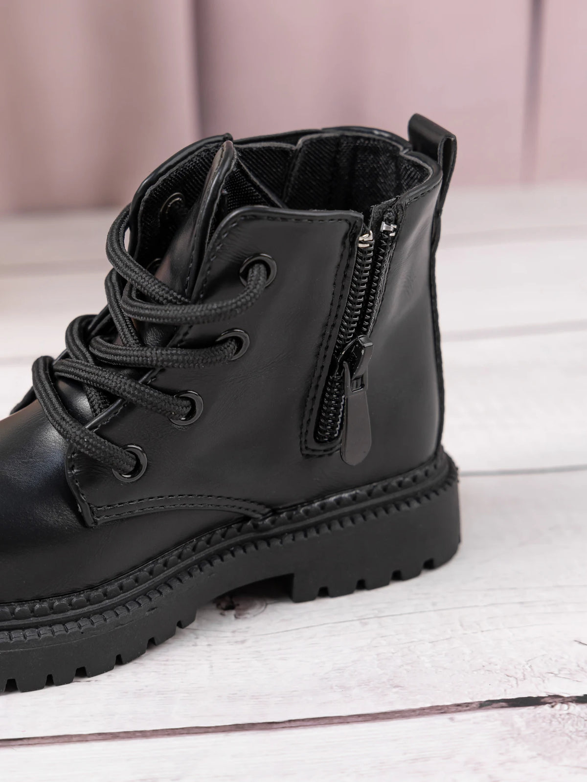Kids PU Leather Combat Ankle Boots with Lace-Up Front, Side Zipper and Black Chunky Soles, Boys and Girls Fall Winter Shoes in Sizes 21-30