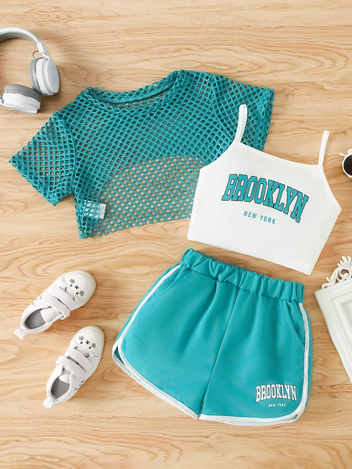 Girls Mesh Top and Shorts Outfit with Brooklyn Print Cami, Three-Piece Summer Set with Short Sleeves and Elastic Waist for Ages 8-12