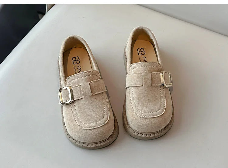 Girls Buckle Loafers with Rounded Toe and Stitched Detail, Brown or Khaki Casual Flats for School Outfits, Spring and Fall Days