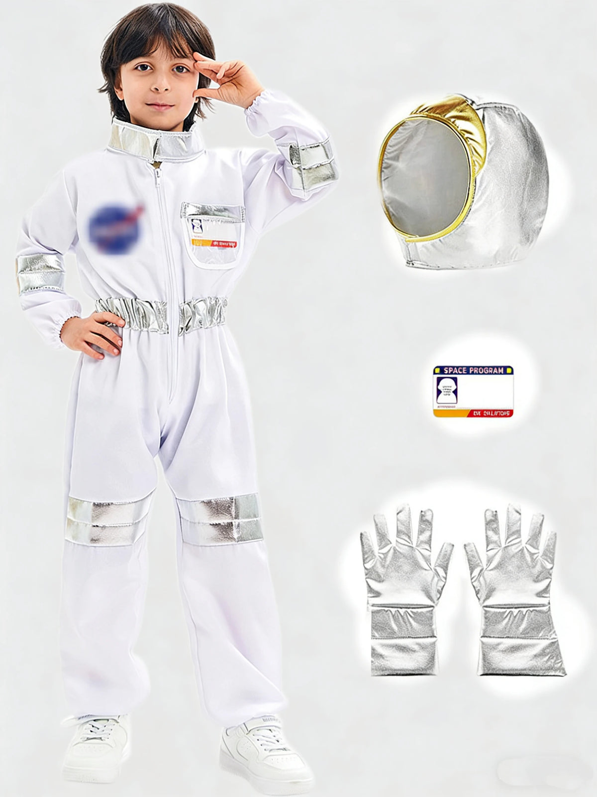 Space Explorer Costume for Kids with White Astronaut Jumpsuit, Space-Themed Patches and Metallic Trim Options for Halloween and Birthday Parties