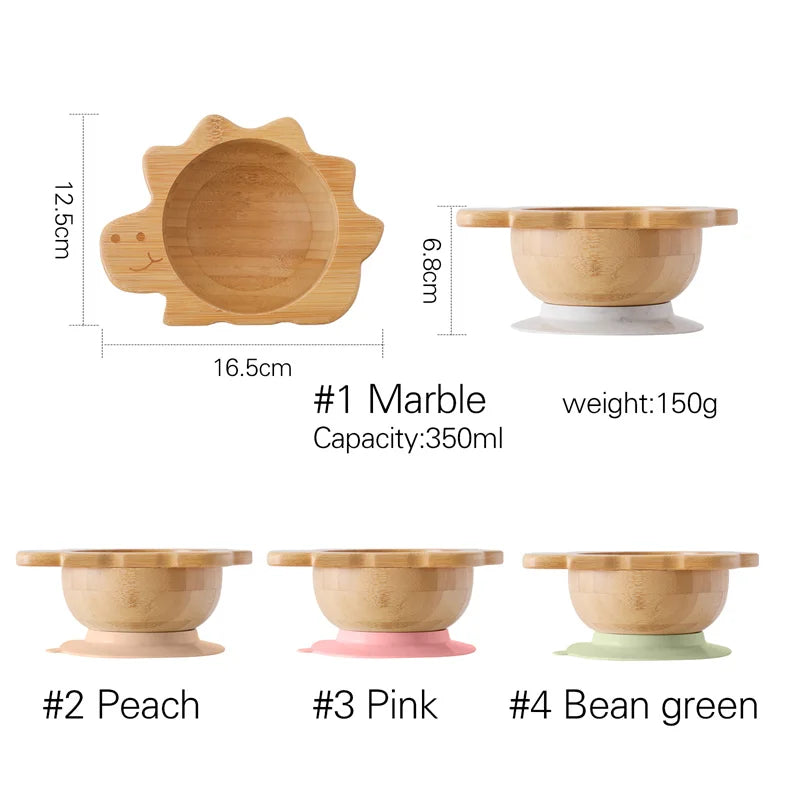 Bamboo Baby Suction Bowl and Tableware Options, Sun, Cloud and Dinosaur Designs with Single-Piece or 3-Piece Wooden-Handle Utensil Sets