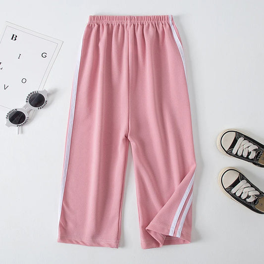 Kids Wide Leg Summer Pants with Contrast Side Stripes and Pull-On Elastic Waist, Lightweight Polyester Trousers for Boys and Girls, Sizes 100-150