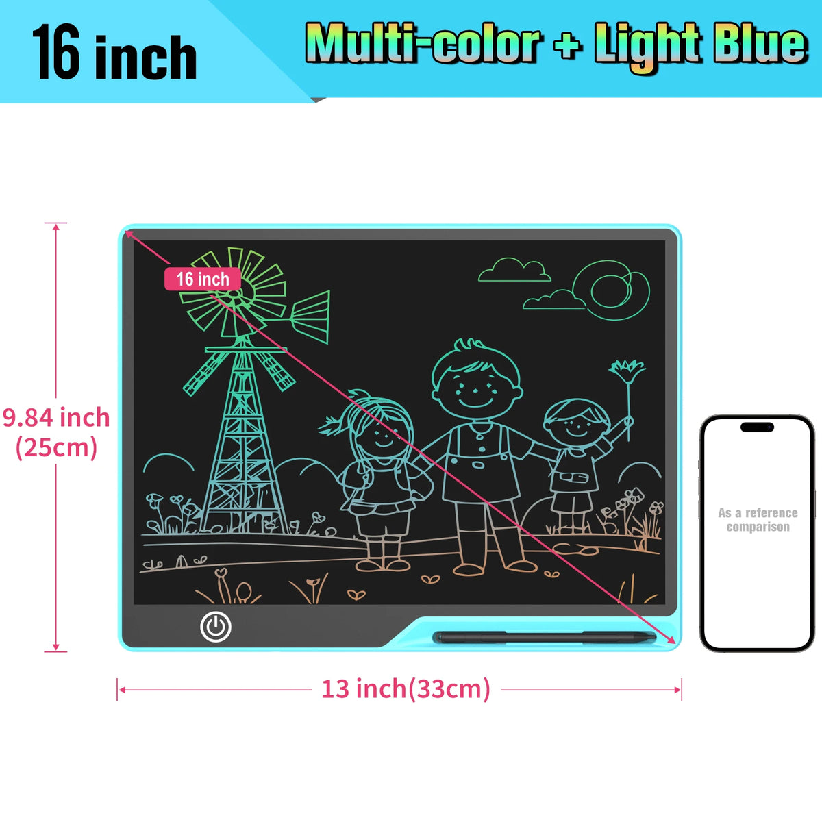 Rechargeable LCD Writing Tablet for Kids, 16 or 20 Inch Color Drawing Board with Screen Lock, Erase Button and Stylus for Learning and Memos