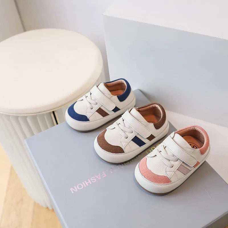 Toddler Microfiber Leather Sneakers with Hook-and-Loop Strap and Colorblock Trim, DIMI Baby Boys and Girls Casual Shoes in Blue Brown or Pink