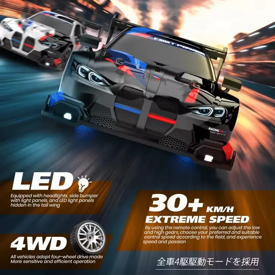 RC Drift Racing Car with 4WD, 2.4GHz Proportional Remote Control, LED Lights and Replaceable Racing and Drift Tires for Kids and Adults