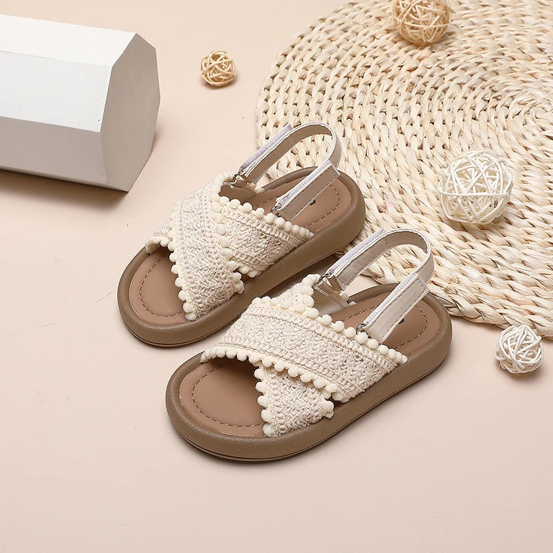 Girls Cross Strap Sandals with Textured Trim and Open Toe Design, Brown or Beige Retro Summer Shoes for Casual Outfits and Vacation Photos
