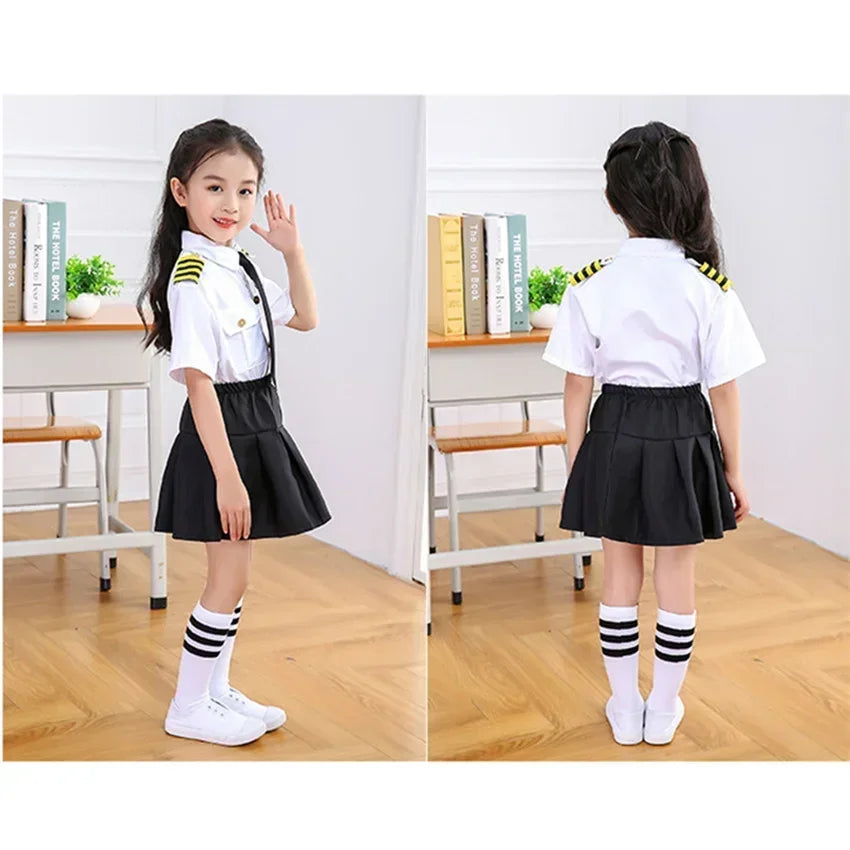 Kids Pilot Costume for Boys and Girls, Airline Captain Uniform-Style Outfit with Short Sleeve Shirt Styling for Career Day and Halloween
