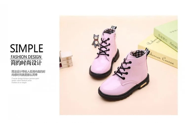 Kids Lace-Up Ankle Boots in PU Leather, Glossy Fashion Shoes for Boys and Girls with Black Soles, Five Colors and Sizes 21–37 for Spring and Fall