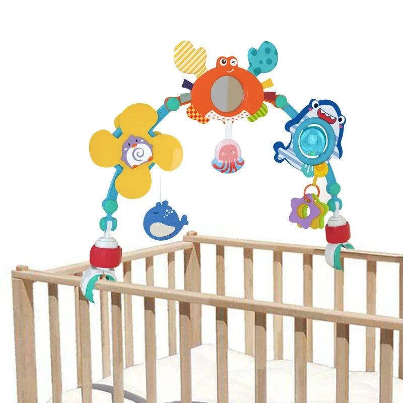 Stroller Activity Toy Arch with Colorful Hanging Play Details, Ocean or Bee Theme Clip-On Baby Play Bar for Supervised Sensory Exploration