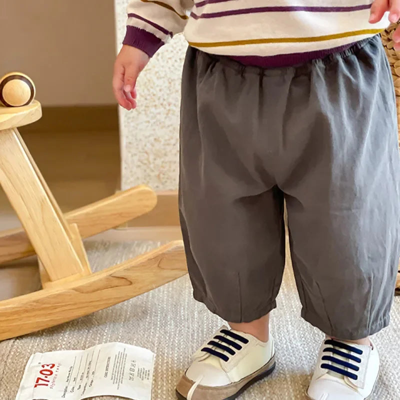 Toddler Pull-On Pants with Elastic Waist and Back Pocket, Solid Color Loose Ankle-Length Trousers for Boys and Girls, Sizes 12M-5T
