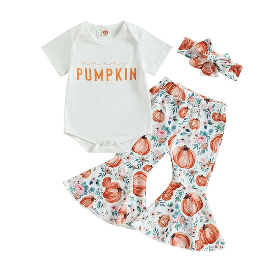 Infant Girl Halloween Outfit Set, 3-Piece Cotton Blend Short Sleeve Bodysuit with Pumpkin Floral Bell Bottom Pants and Bow Headband, 3-18M