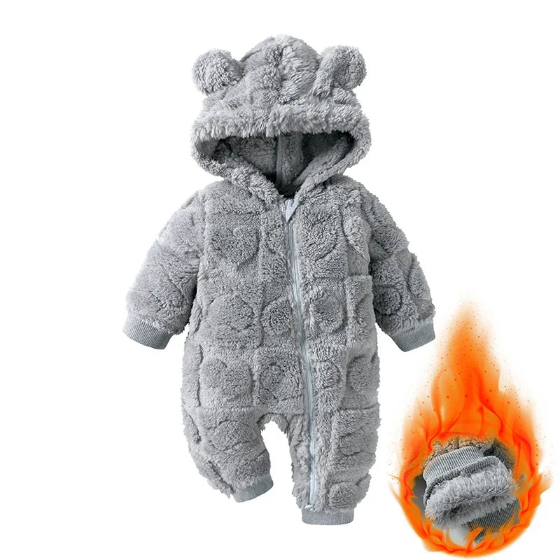 Baby Hooded Winter Romper with Long Sleeves and Cartoon Design, Cozy One-Piece Outfit for Infant Boys and Girls in Sizes 0 to 18 Months