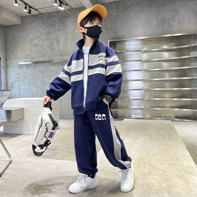 Colorblock Boys Tracksuit with Stand-Collar Zip-Up Jacket and Matching Jogger Pants, Gray or Navy Two-Piece Casual Outfit for Ages 4-12