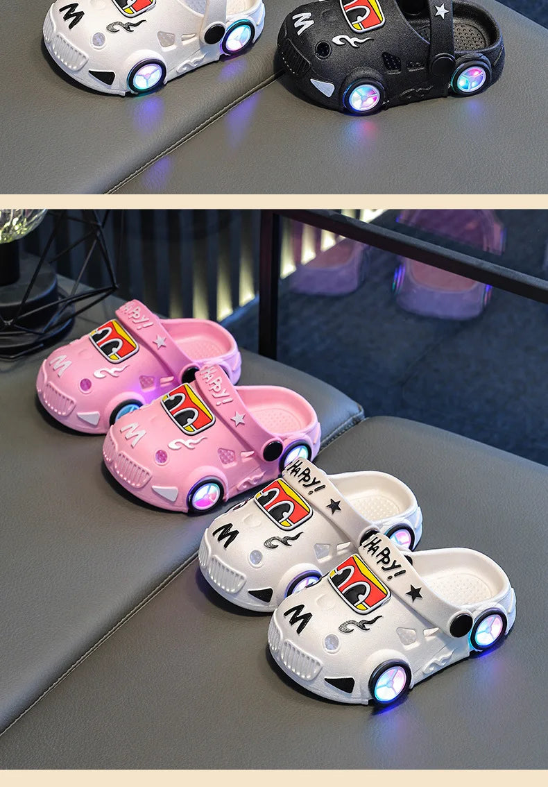 Kids Light-Up Car Clogs with Glowing Wheel Details, Ventilated Closed-Toe Design and Pivoting Heel Strap for Playful Summer Casual Outfits