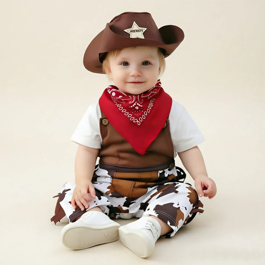 Baby Cowboy Costume Set with Romper, Hat and Scarf, Umorden Cotton-Polyester Western Outfit for Halloween, Birthday Parties and Toddler Dress-Up