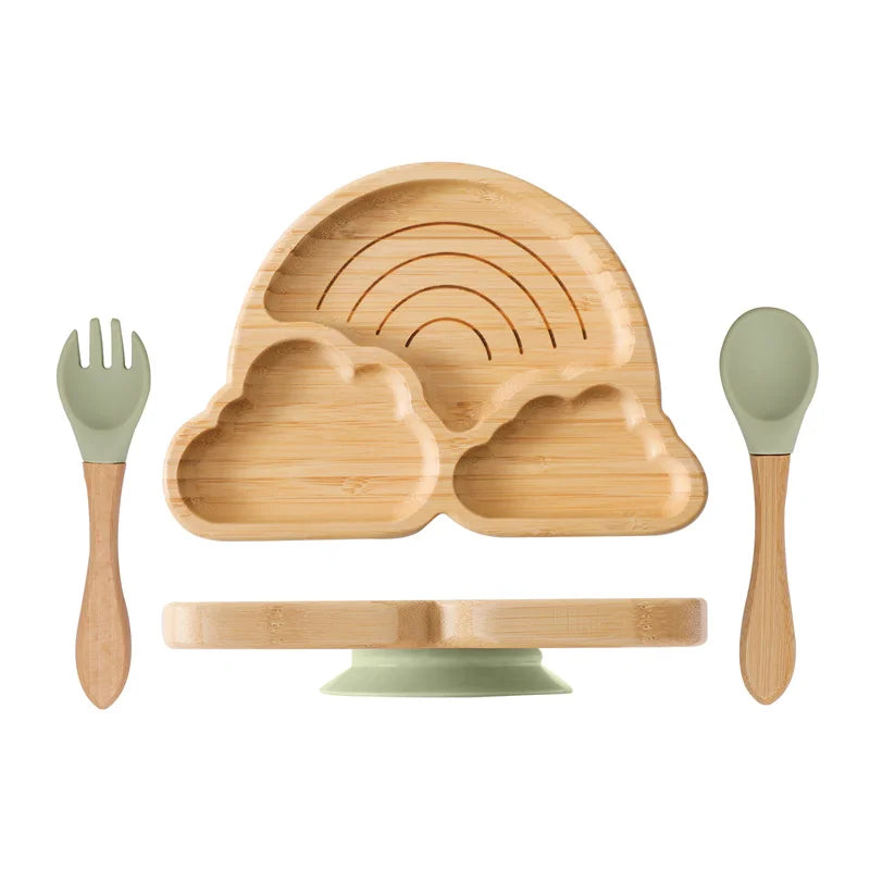 Bamboo Baby Suction Bowl and Tableware Options, Sun, Cloud and Dinosaur Designs with Single-Piece or 3-Piece Wooden-Handle Utensil Sets