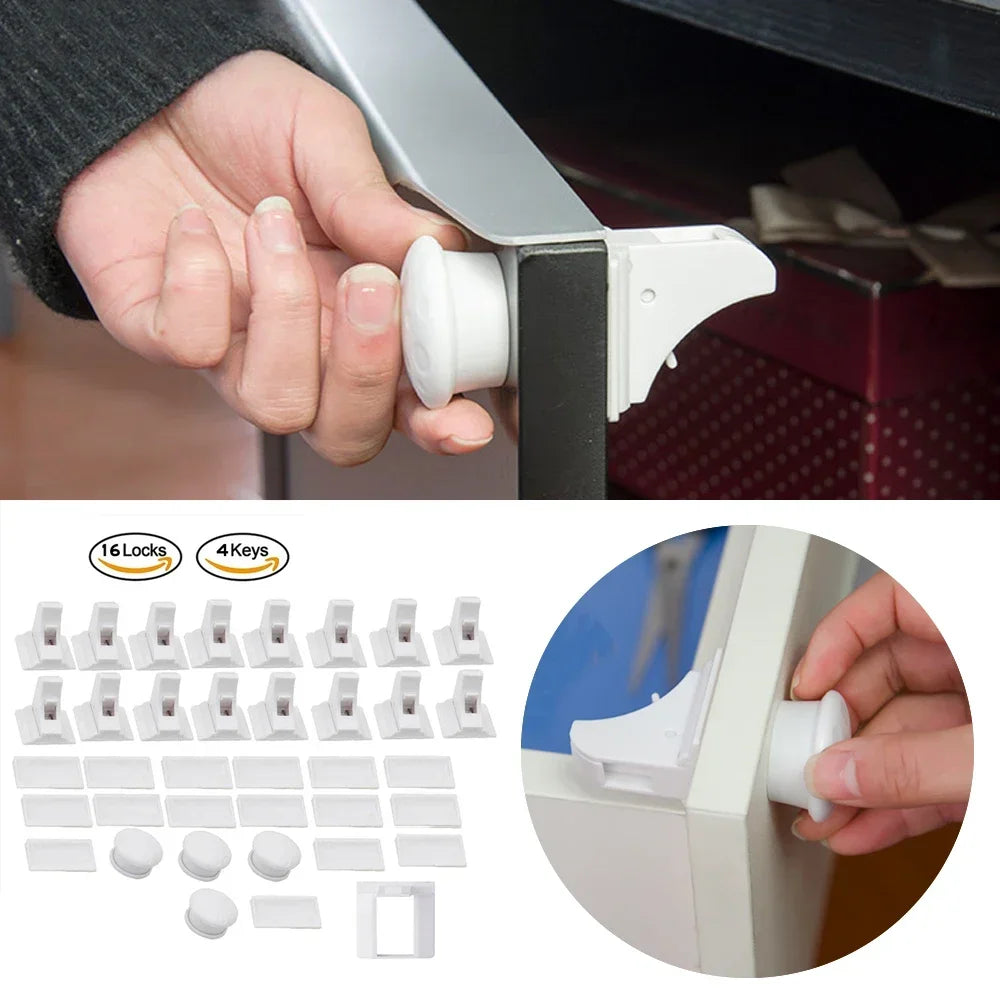 Magnetic Cabinet Safety Locks with Hidden Interior Latches and No-Drill Adhesive Installation for Compatible Drawers and Cupboard Doors