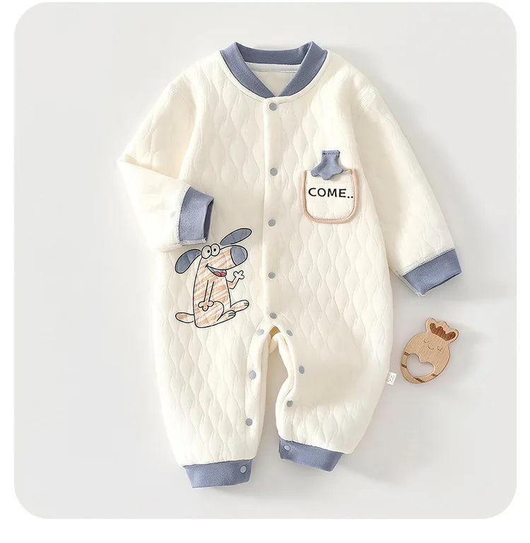 Quilted Baby Snap-Front Romper with Cartoon Dog or Dinosaur Details, Long Sleeve Footless Jumpsuit with Contrast Cuffs for Infant Everyday Outfits
