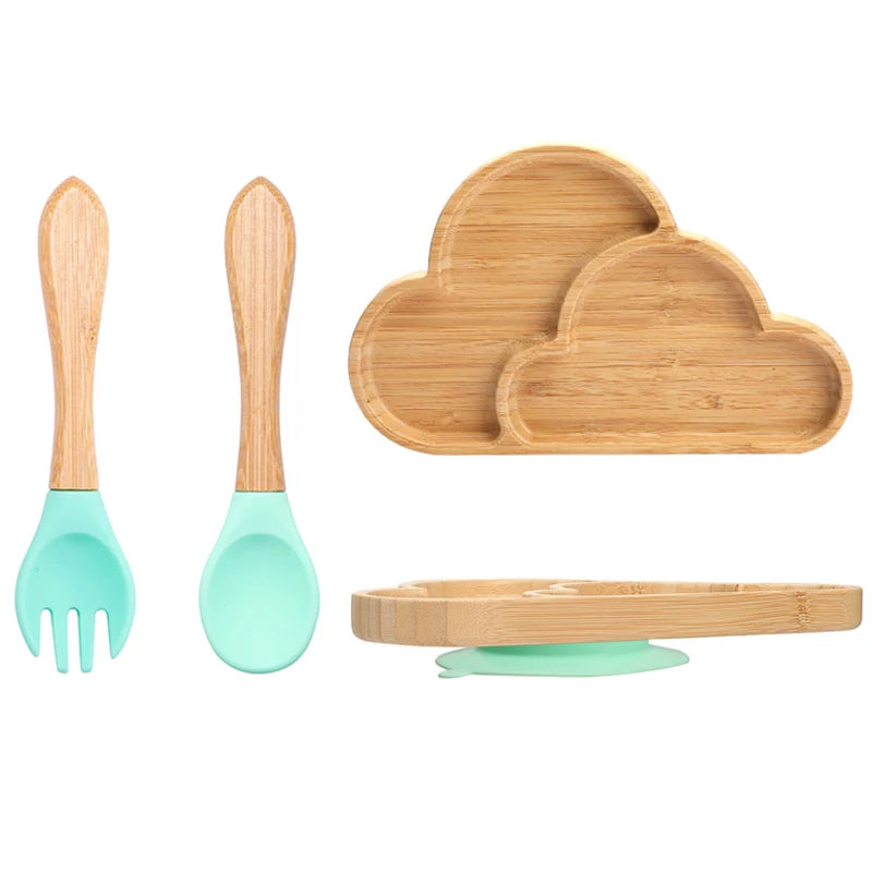 Baby Bamboo Suction Plate Set with Wooden-Handle Spoon and Fork, 3-Piece Cartoon Dinnerware with Divided Elephant Design for Toddler Meals