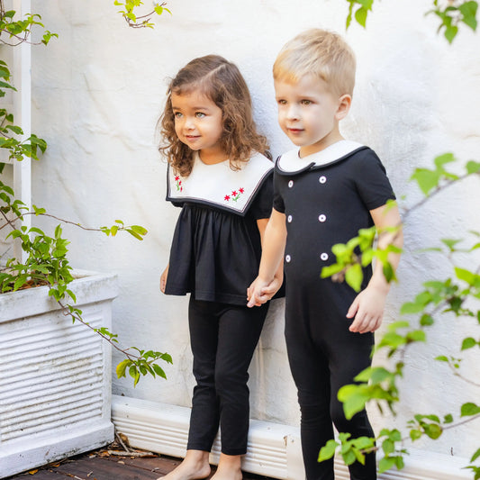 Sailor Collar Kids Outfits in Cotton, Embroidered White Collar Maxi Dresses, Matching Sets and Baby Jumpsuit Options for Sibling Photos