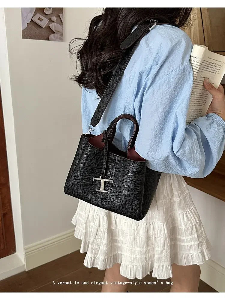 Diaper Tote Bag with Leather-Look Finish, Top Handles and Long Shoulder Strap, Vintage-Style Baby Essentials Handbag for Moms and Everyday Outings