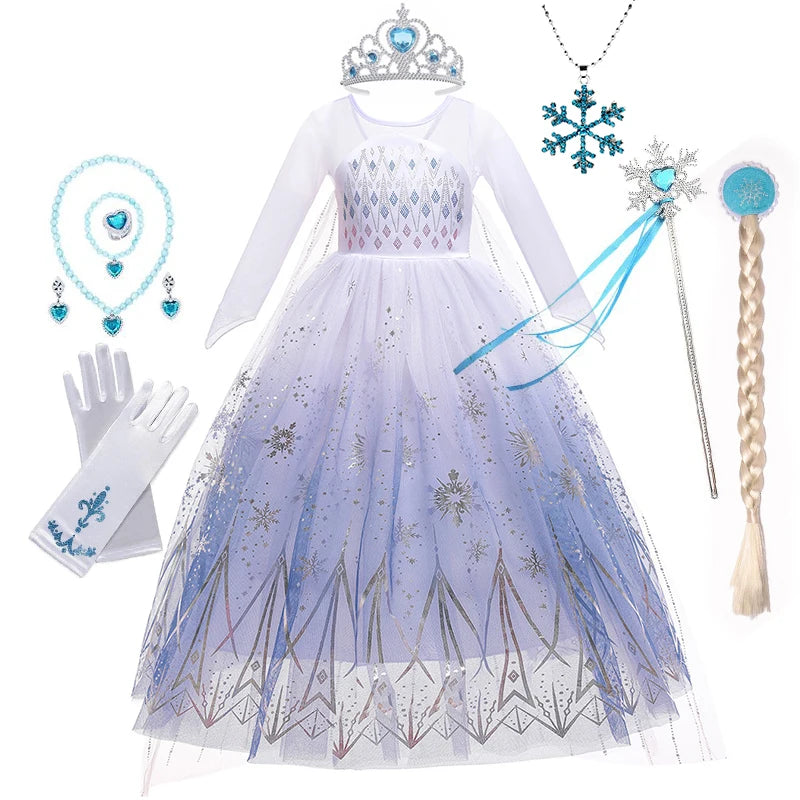 White Snowflake Princess Dress for Girls with Sheer Long Sleeves and Flowing Mesh Skirt, Snow Queen Costume for Birthdays and Halloween