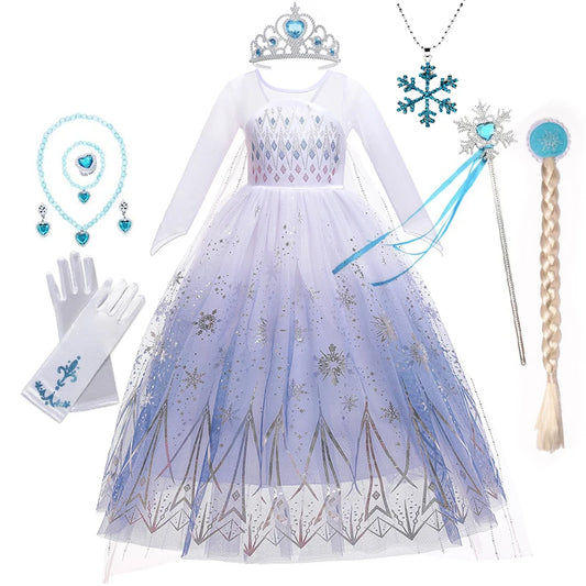 White Snowflake Princess Dress for Girls with Sheer Long Sleeves and Flowing Mesh Skirt, Snow Queen Costume for Birthdays and Halloween