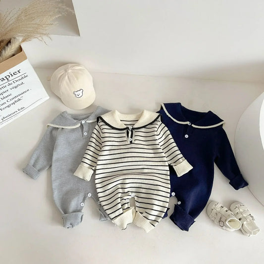 Sailor Collar Baby Knit Romper with Long Sleeves and Button Fastenings, Footless One-Piece Outfit in Gray, Stripe or Dark Blue, Sizes 66-100