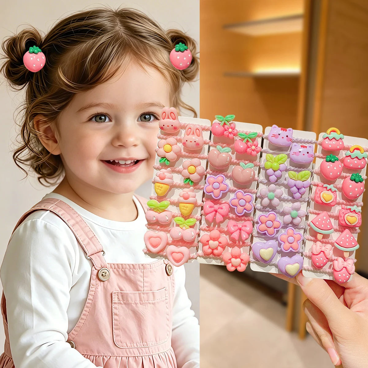 Cartoon Hair Ties for Girls, 40-Piece Pastel Elastic Ponytail Holder Set with Fruit, Flower and Animal Charms for Everyday Outfit Styling