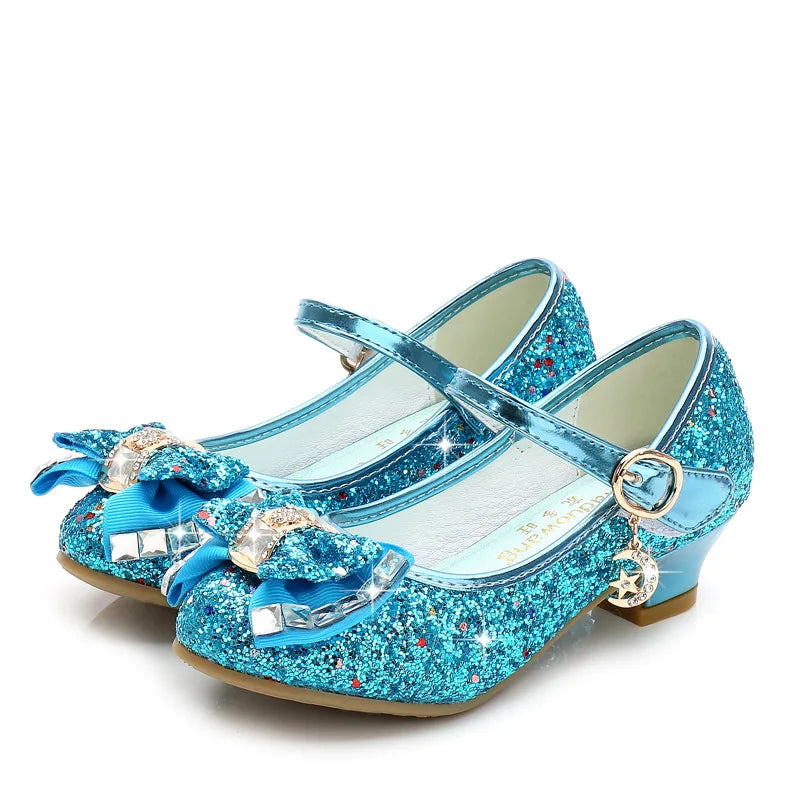 Bow-Accent Glitter Mary Jane Shoes for Girls with Buckled Strap and Block Heel, Sparkling Princess Dress Shoes for Parties and Weddings