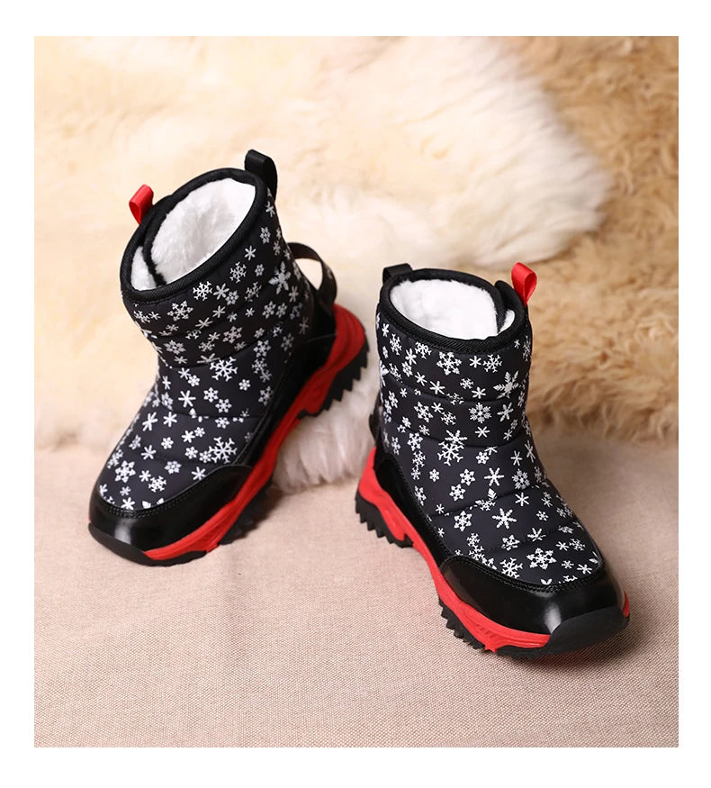 Snowflake Print Kids Winter Boots with Padded Shafts, Pull Tabs and Chunky Tread Soles, Pink Snow-Style Footwear for Boys and Girls