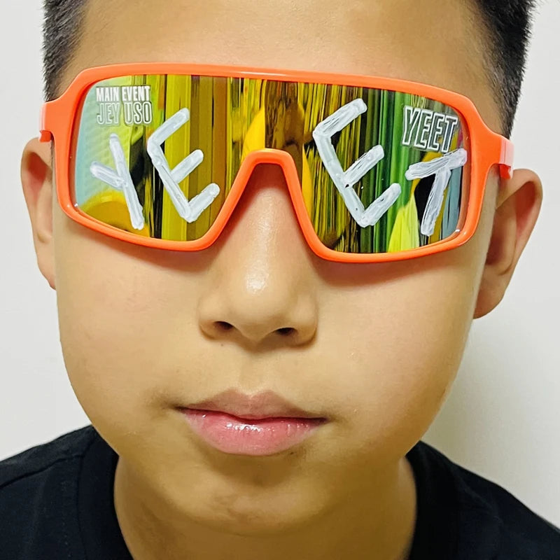 YEET Graphic Sunglasses with Jey Uso Main Event Lettering, Colorful Shield-Style Fan Shades in Children's and Adult Options for Party Outfits