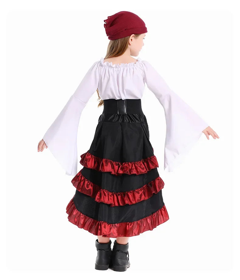 Girls Pirate Costume Set with Bell Sleeve Blouse, High-Low Skirt, Head Scarf and Lace-Up Waistband for Halloween and Dress-Up Parties