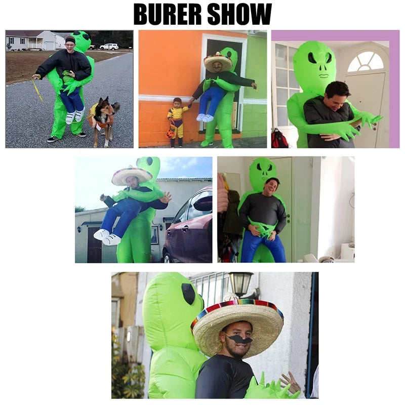 Carry-Me Alien Inflatable Costume for Kids and Adults, Green Abduction Illusion Suit with Fan and Battery Case for Halloween Parties and Stage Shows
