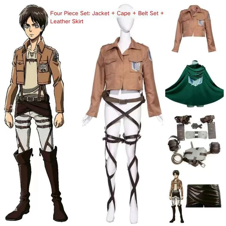 Attack on Titan Cosplay Costume with Recon Corps Jacket, Cloak and Harness Belt Options for Anime Conventions, Halloween and Character Dress-Up