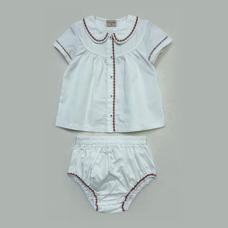 Matching Sibling Clothes with Classic Blue Trim, Shirts, Shorts, Overalls, Dresses and Cardigan Options for Baby Boys, Girls and Kids