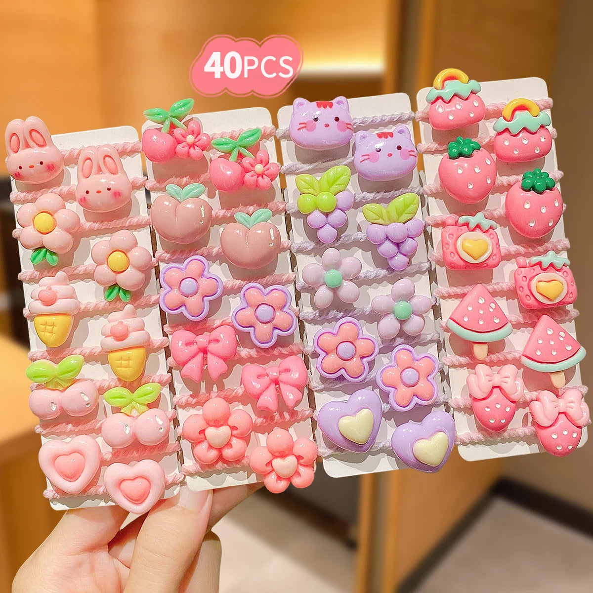 Cartoon Hair Ties for Girls, 40-Piece Pastel Elastic Ponytail Holder Set with Fruit, Flower and Animal Charms for Everyday Outfit Styling