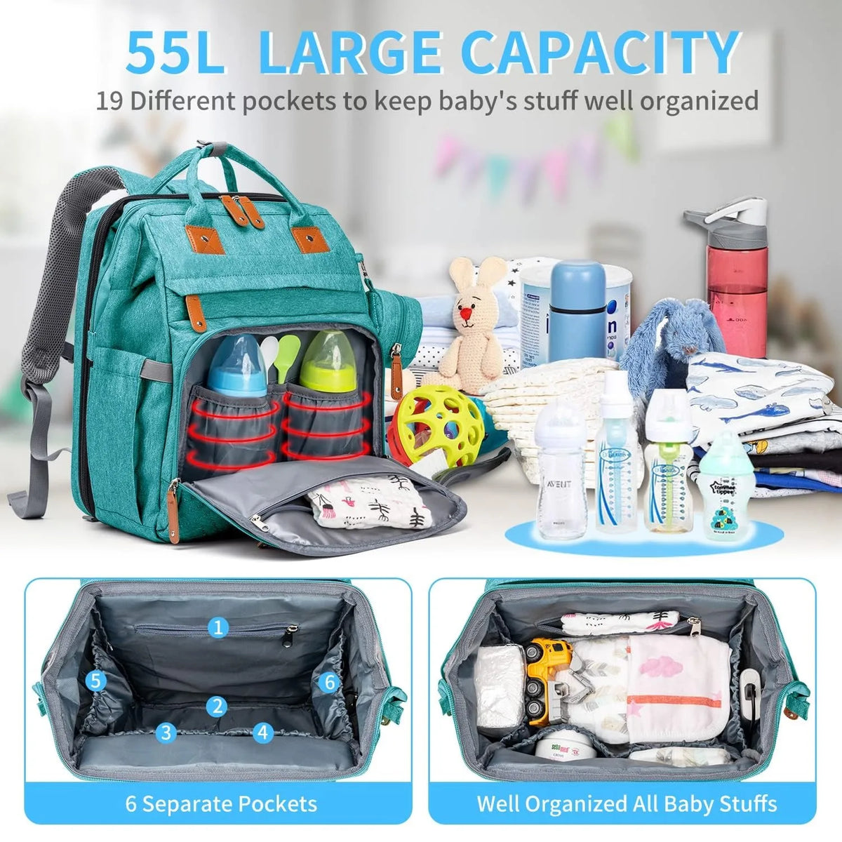 19-Pocket Diaper Backpack with Detachable Changing Station and USB Port, Baby Essentials Organizer with Pacifier Case for Moms and Dads