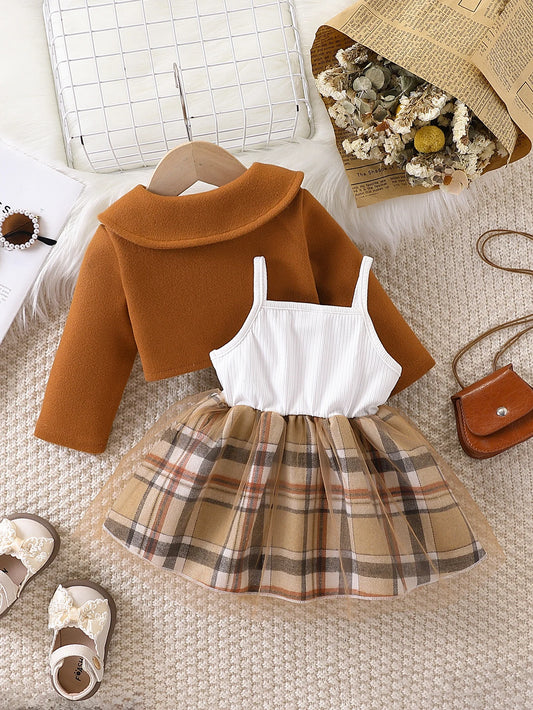 Infant Girl Plaid Tulle Dress Set with Bow Waist and Cropped Peter Pan Collar Jacket, Two-Piece Khaki Outfit for Family Photos, 0-24 Months