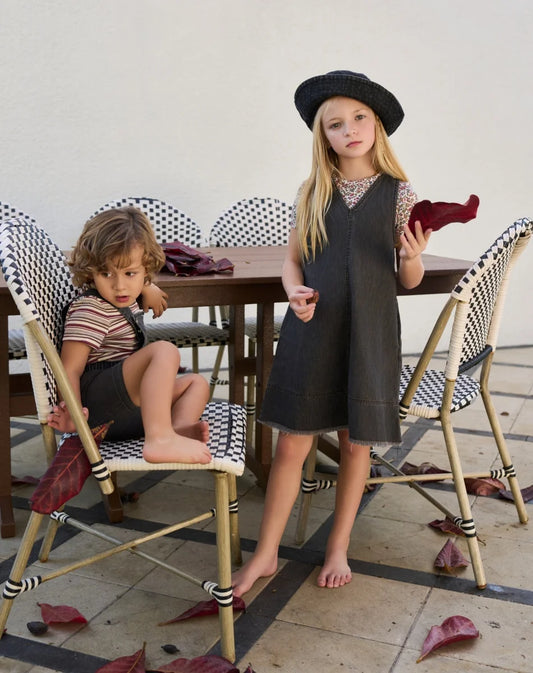 Sibling Matching Cotton Outfits, Black Denim-Inspired Kids Clothing with Dress, Skirt, Top and Shorts Options for Family Photos